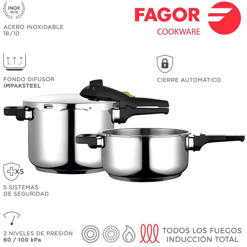 Fagor Super Fast Pot Set – Pentole a pressione 4L + 6L in acciaio inox 18/10, 2 livelli di pressione, fondo ImpakSteel Senso.it | Boutique Online